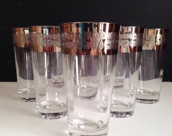 Set of 8 Temporama Pattern Silver Rim Tumblers/High Ball/Tall Drinking Glasses by Canonsburg