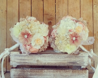Fabric flowers wedding bouquet, bridal bouquet, blush bouquet, twin bouquet, lace bouquet