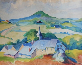 vintage watercolor of houses church valley signed