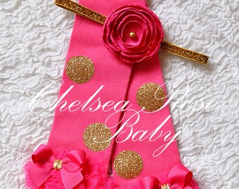 Hot Pink and gold polka dot leg warmers, baby leg warmers, girls leg warmers, pink gold birthday outfit, pink and gold leg warmers, leggings