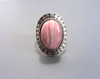 Oval Vintage Sterling Rhodochrosite Pink Stone Ring Size 6