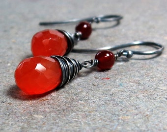 Carnelian Earrings Orange Gemstones Oxidized Sterling Silver Earrings Gift for Her