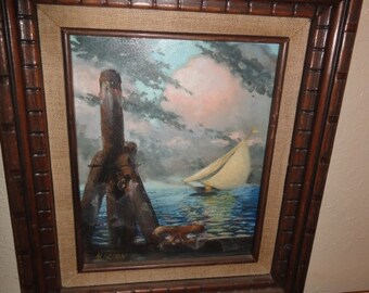 Vintage Small Sailboat Oil Painting on Board/ Signed
