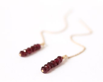 Garnet Earrings - 14k Gold Fill, Rose Gold or Sterling Silver - January Birthstone - Gemstone Bead Bar Dangle Earrings - Red Ear Threads