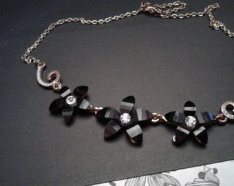 Floral Thermoset and Rhinestone Necklace in Goldtone Metal