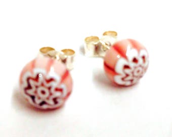 Murano Glass Millefiori Stud Earrings - Pink Flower Design on Sterling Silver Stud Post
