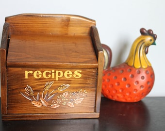 Vintage painted/decal wood recipe box, wheat and leaves 1970s motif, harvest decal recipe box