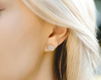 raw crystal studs | raw quartz earrings | april birthstone studs | april birthstone earrings | white druzy earrings | druzy stud earrings