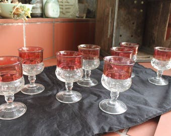 Tiffin Kings Crown Thumbprint Cranberry Ruby Small Goblets Vintage 1940's Set of 8 Bar Ware Beverage Ware Serving Dining Collectible
