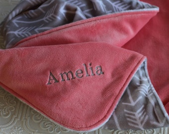 Personalized Baby Girl Blanket, Baby Girl or Boy blanket, Personalized Blanket, Baby Blanket, Monogrammed Baby Blanket, Grey Arrows, Coral