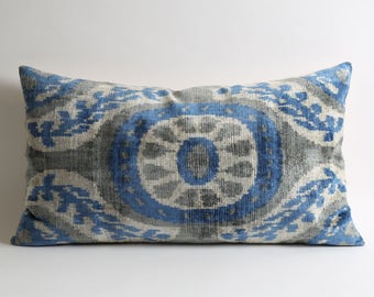 ikat pillow, velvet pillow, ikat, blue, velvet, throw pillow, decorative pillow, pillow cover, ikat pillow cover, blue velvet pillow