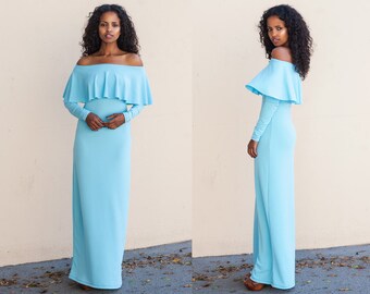 Sky Blue Ruffle Off Shoulder Maxi Dress XS S M L XL XXL
