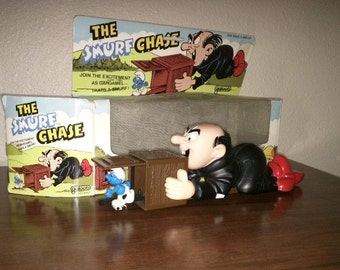 Rare Smurfs Vintage Toy, The Smurf Chase with Gargamel wind up toy Galoob, 1983 wallace berrie peyo gargamel smurf chase windup plastic toys