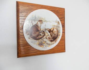 Otters Ceramic Painting, Ceramic Tile, Solid Wood Frame, Original Art