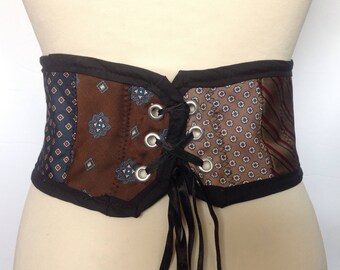 One of a kind upcycled Silk tie corset style belt. Free shipping within Canada!