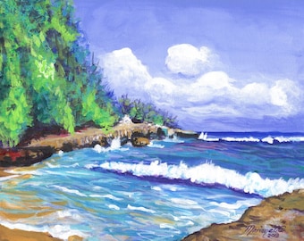 Mahaulepu Morning Original Acrylic Beach Ocean Painting from Kauai Hawaii by Marionette blue green sand brown