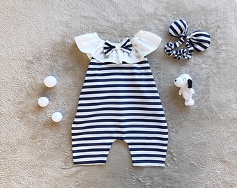 baby girl jumpsuit- baby outfit- baby girl clothing- baby playsuit- cotton- Black & White strip baby girl jumpsuit