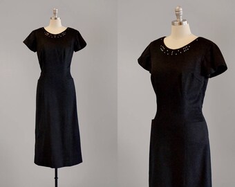 50s Dress // 1950’s Black Mohair Dress w/ Rhinestone Details // S-M