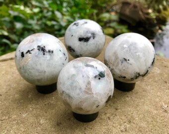 Rainbow Moonstone spheres ~ 38-50mm ~ stand included