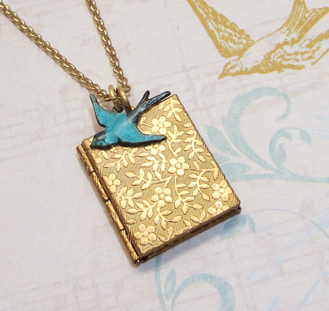 Book Locket Brass Book Locket Floral Locket Blue Bird Locket