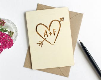 Engraved heart card - wooden card - fifth anniversary card - 5th anniversary card - card for couples - wedding card - valentines card