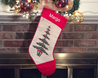 Gardner's potted Christmas Tree with berries, Personalized Christmas Stockings, Needlepoint Christmas Stockings, Family Christmas stockings