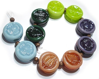 SRA Handmade Glass Lampwork Beads, Patterned Cool Colors Tabs