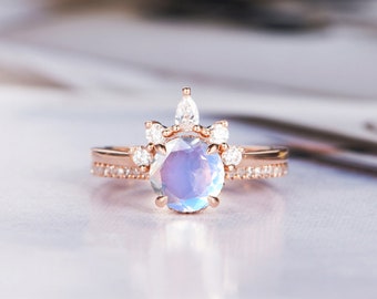 Moonstone Engagement Ring Art Deco Wedding Ring Round Cut Rose Gold Bridal Set Diamond Stacking Half Eternity Promise Leaf Ring Rainbow