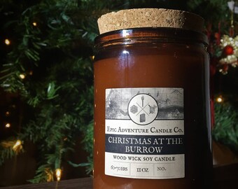 Christmas at the Burrow Candle | Wood Wick, Soy | Amber Potion Jar | Cork Top | Book-Fantasy-RPG-Geek Gift | Hand-Poured