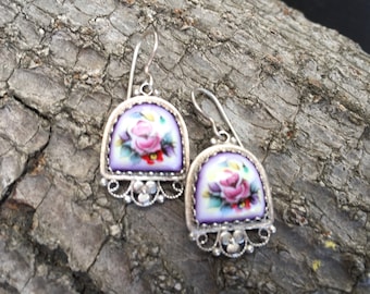 Russian vintage earrings Russian earrings Russian enamel jewellery Russian finift Russian filigree Russia hand painted floral design silver