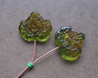 Lampwork Headpins - Glass Headpins - Leaf Glass Headpins - Copper wire - Glass Headpins Pair - SueBeads - Headpins - Glass Heapins - Leaves