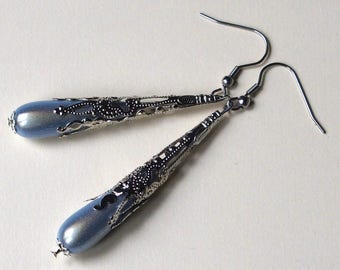 Earrings long Pearl drops hand made silver light blue