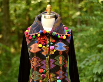 Sweater COAT, boho art to wear, refashioned fantasy, OOAK Eco Couture, festival fashion, Pom Pom patchwork Coat. Size XLarge. Ready to ship