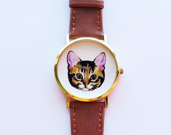 Cat Watch, Vintage Style Leather Watch, Women Watches, Unisex Watch, Boyfriend Watch, Mens Watch, Ladies Watch, Cat lover Gift, Cat Jewelry