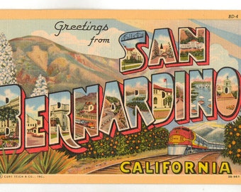 Linen Postcard, Greetings from San Bernardino, California, Depot, Large Letter
