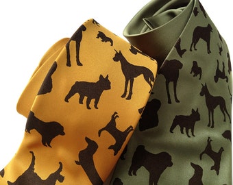 Dog tie. "Putting on the Dog." Mens silkscreened necktie. Choose standard or narrow width. Vegan safe microfiber.