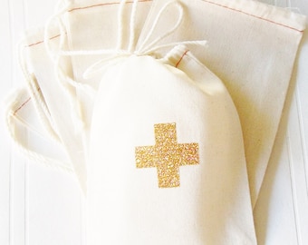 Hangover Kit Bag, 4 x 6 inch drawstring gift bag,gold glitter first aid cross, bachelorette, Wedding, New Years Eve, Birthday, Survival Kit