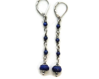 Lapis Lazuli Earrings. Sterling Silver. Dark Blue Gemstone Beads. Faceted Lapis. Long Dangle Earrings. Lightweight Drops. Lapis Jewelry.