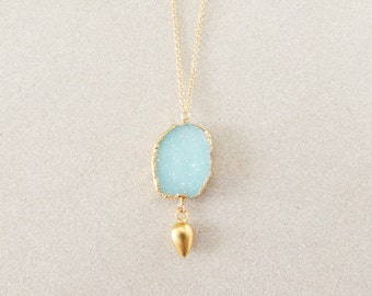 Aqua Druzy Necklace - Gold Necklace - Pendant Necklace - Druzy Jewelry