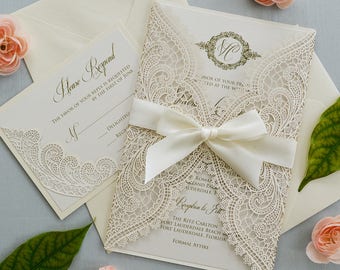 IVORY CHANTILLY LACE Laser Cut Wrap Invitation - Ivory Laser Cut Wedding Invitation with Ivory Shimmer Insert and Ivory Ribbon Bow