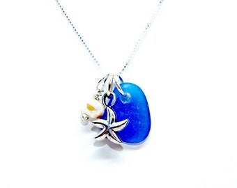 Cobalt Blue Sea Glass Necklace, Sea Glass Gift, Sea Glass Jewelry, Lake Erie Beach Glass, Beach Gift For Mom, Starfish Necklace, Sea Glass