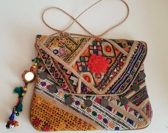 Banjara boho clutch, evening purse,Golden sling,Ethnic hand purse, vintage coin mirror yoke,pompom Pochette, tassels,tab cover,Oversize