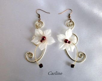 Earrings wedding wire aluminum, Swarovski Crystal bordeaux pearls ivory Noelie silk flowers.