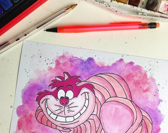 Disney's Cheshire Cat from Alice in Wonderland Watercolour Painting Print in A5 & A4.