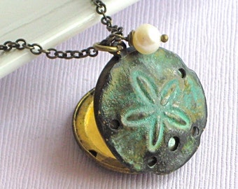 Sand Dollar Locket Necklace - Beach Jewelry, Seashell Necklace, Verdigris Brass, Brass Locket, Keepsake Necklace