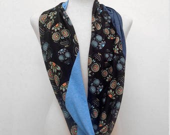 Blue on Black Sugar Skulls on Black Infinity Scarf