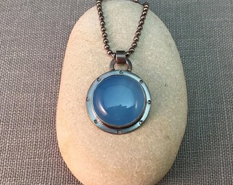 25% Off Blue Chalcedony Cabochon Sterling Silver Industrial Style Metalwork Necklace Pendant