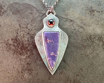 25% Off Agatized Sponge Purple and Faceted Garnet Cabochon Sterling Silver Metalwork Necklace Pendant