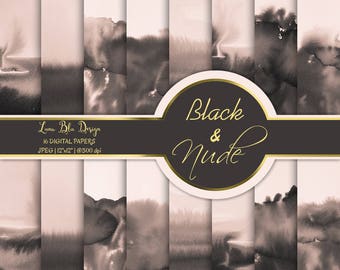 Nude and Black Watercolor Digital Paper, hand painted watercolor backgrounds, watercolor scrapbook paper, ombre watercolor textures