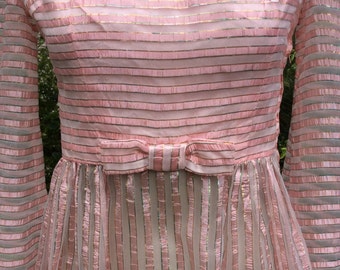 ON SALE 1960s vintage sheer pink bow tie candy stripe lurex maxi Xsmall